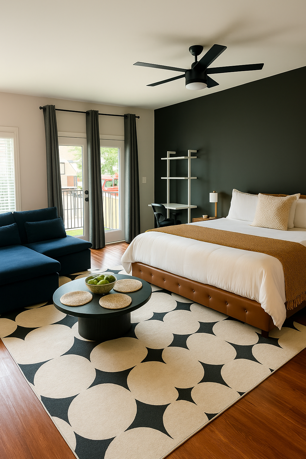 King bed with modern décor and private patio access